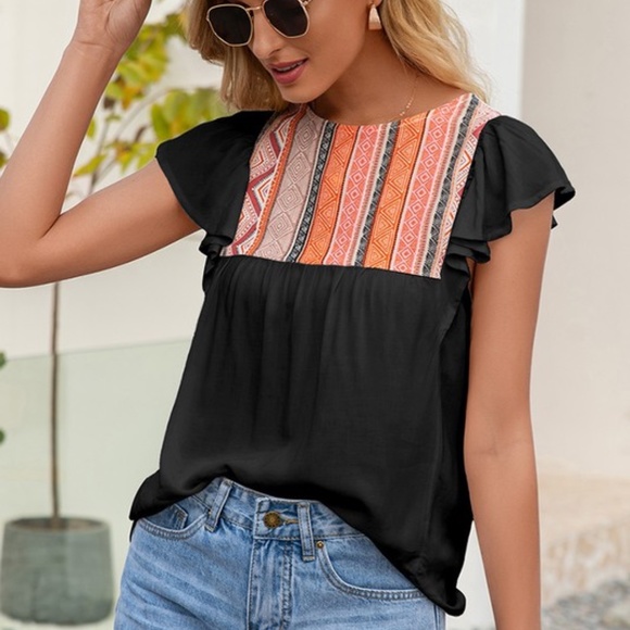 Black Fluttersleeve Top with Front Embroidered Panel - Picture 2 of 4